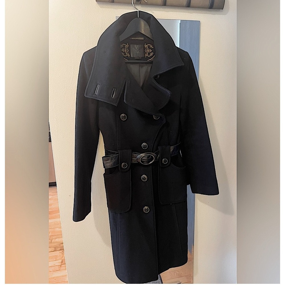 Mackage Black Wool Blend Belted Trench Coat Leather Trim Long Jacket Small P/S